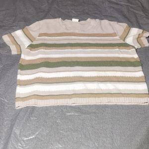 Golden Collection Tan, cream, green striped  short sleeved sweater